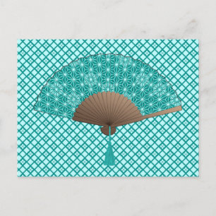 Japanese Fan in Asanoha pattern, Turquoise Postcard