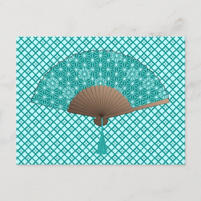 Japanese Fan in Asanoha pattern, Turquoise Postcard (Front)