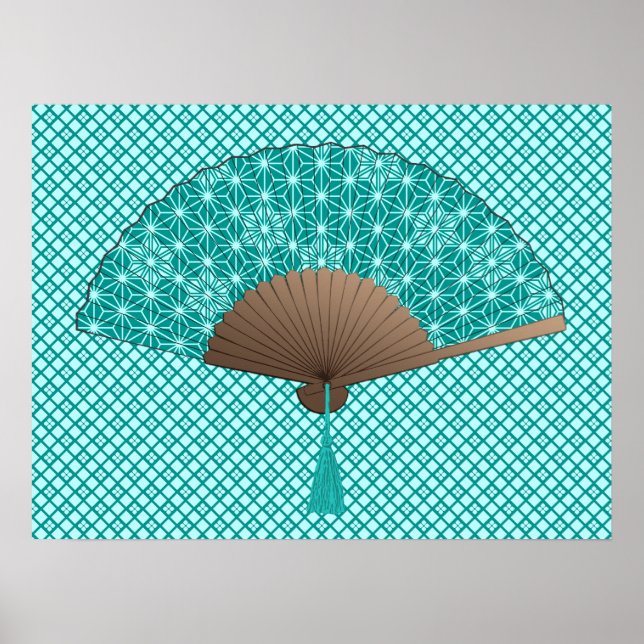 Japanese Fan in Asanoha pattern, Turquoise Poster (Front)