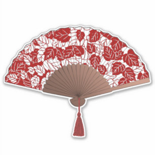 Japanese Fan in Leaf Print, Dark Red and White