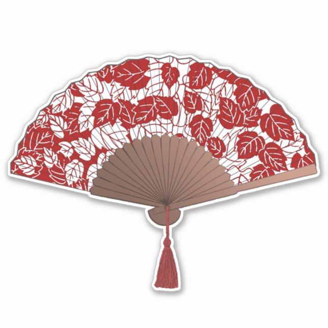 Japanese Fan in Leaf Print, Dark Red and White (Front)
