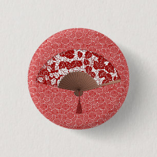 Japanese Fan in Leaf Print, Dark Red and White 3 Cm Round Badge