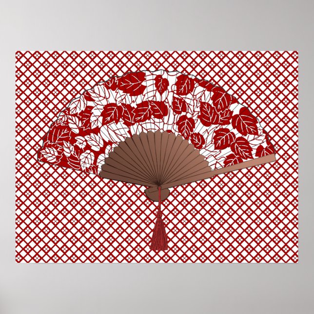 Japanese Fan in Leaf Print, Dark Red and White Poster (Front)