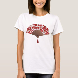 Japanese Fan in Leaf Print, Dark Red and White T-Shirt