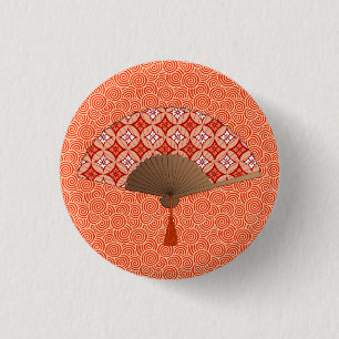Japanese Fan, Shippo Motif, Mandarin Orange 3 Cm Round Badge