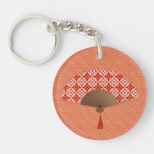 Japanese Fan, Shippo Motif, Mandarin Orange Keycha Key Ring (Front)