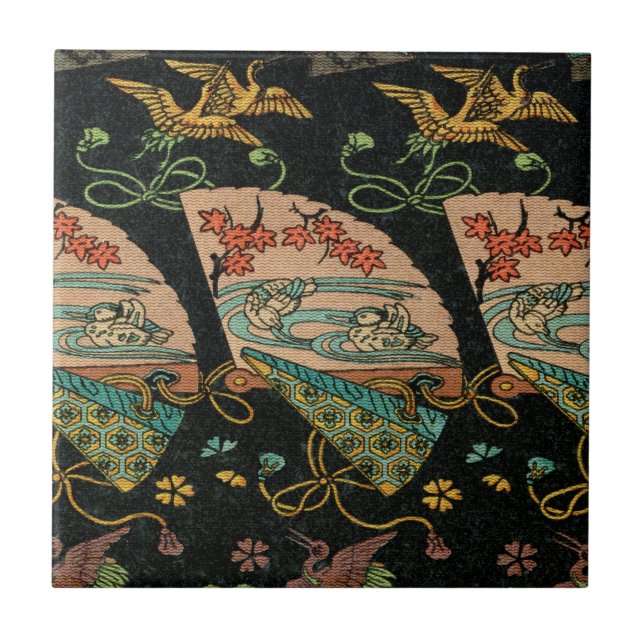 Japanese Fans and Crane Birds Ceramic Tile (Front)
