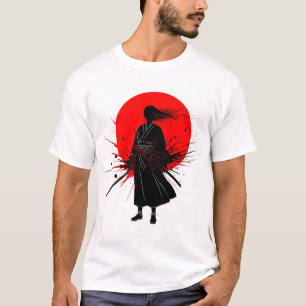 Japanese Female Samurai Warrior Silhouette Red Sun T-Shirt