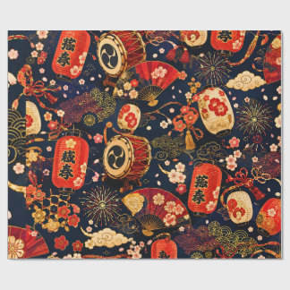 Japanese Festival Seamless Pattern with Lanterns,  Wrapping Paper
