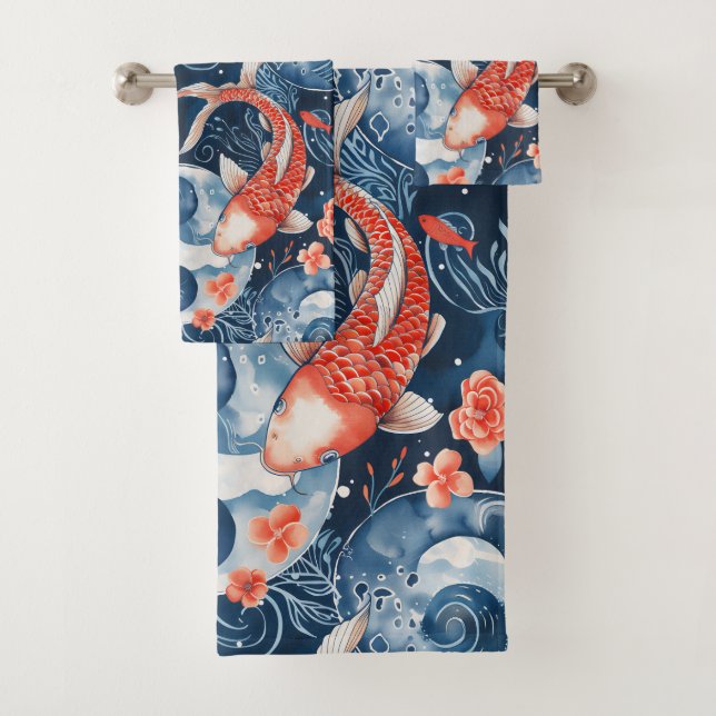 Japanese Fish In Watercolor Bath Towel Set (Insitu)