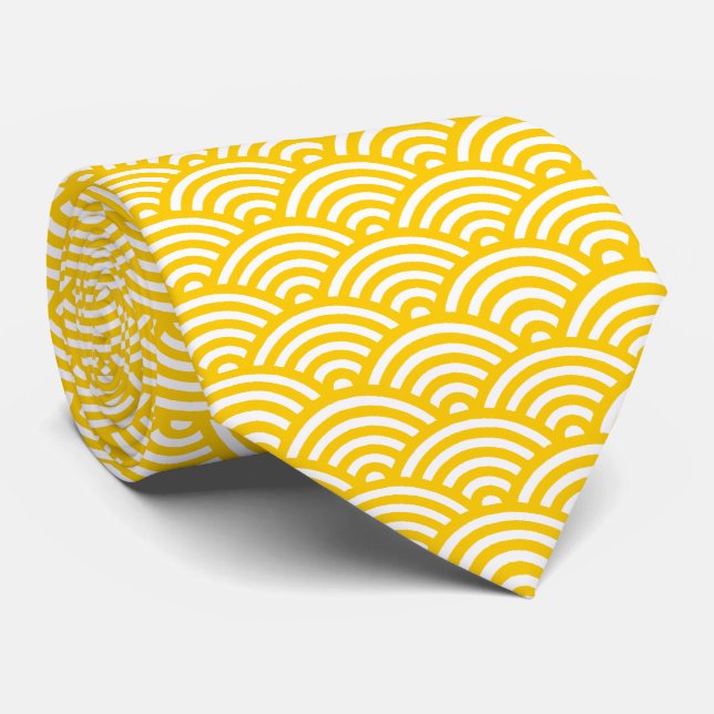 Japanese Fish Scale Pattern - Amber on White Tie (Rolled)