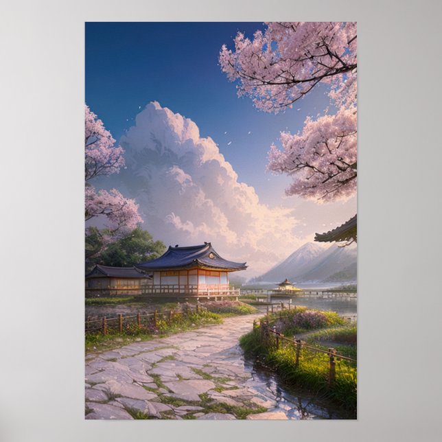 Japanese Fishing Village on a Riverbank Poster (Front)