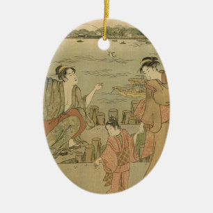 Japanese Fishing Woodblock Fishermen Ceramic Ornament
