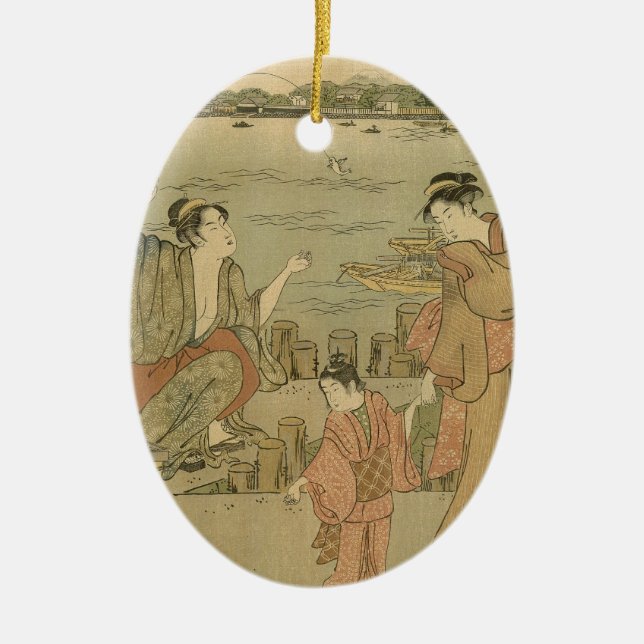 Japanese Fishing Woodblock Fishermen Ceramic Ornament (Front)