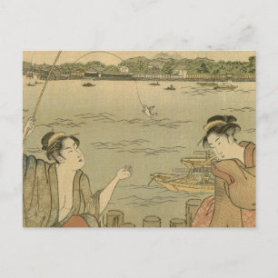 Japanese Fishing Woodblock Fishermen Postcard