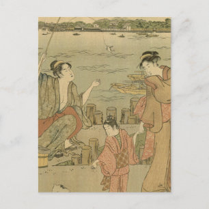 Japanese Fishing Woodblock Fishermen Postcard