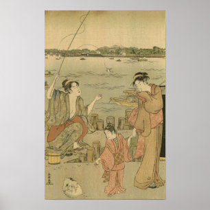 Japanese Fishing Woodblock Fishermen Poster