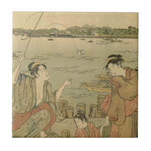 Japanese Fishing Woodblock Fishermen Tile