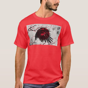 Japanese Flag with Sakura Cherry Blossoms and Crow T-Shirt