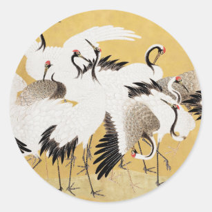 Japanese Flock Cranes Vintage Bird Rich Classic Classic Round Sticker