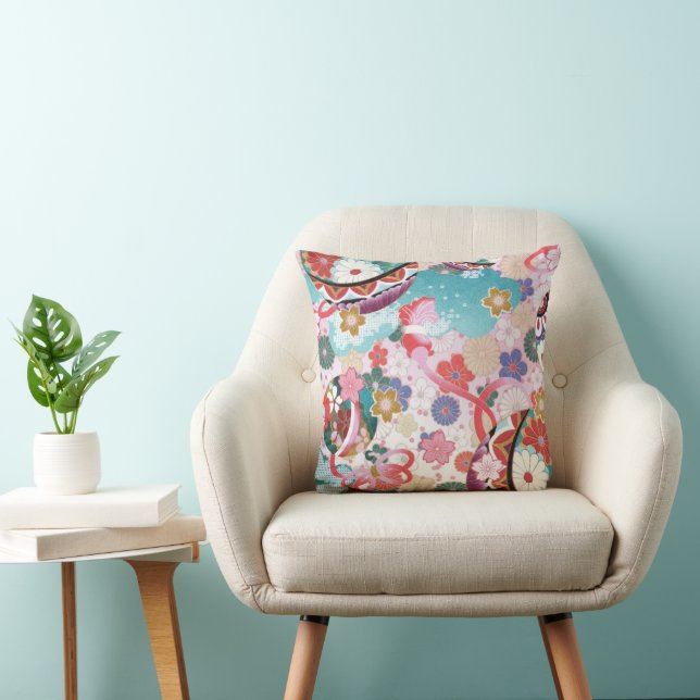 Japanese Floral All-Over Throw Pillow Decor (Chair)
