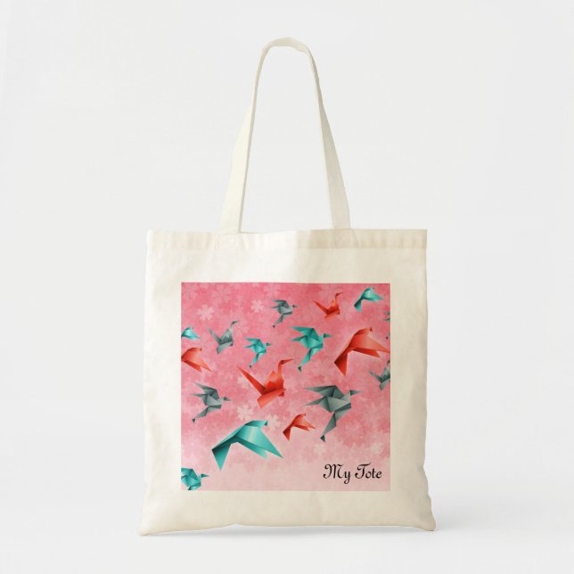 Japanese Floral and Origami Crane Design Tote Bag (Front)