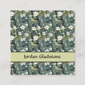 Japanese Floral Bamboo Sage Green Black Template  Square Business Card
