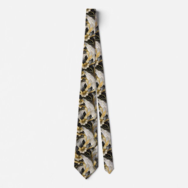 Japanese Floral Black Gold Tie (Front)