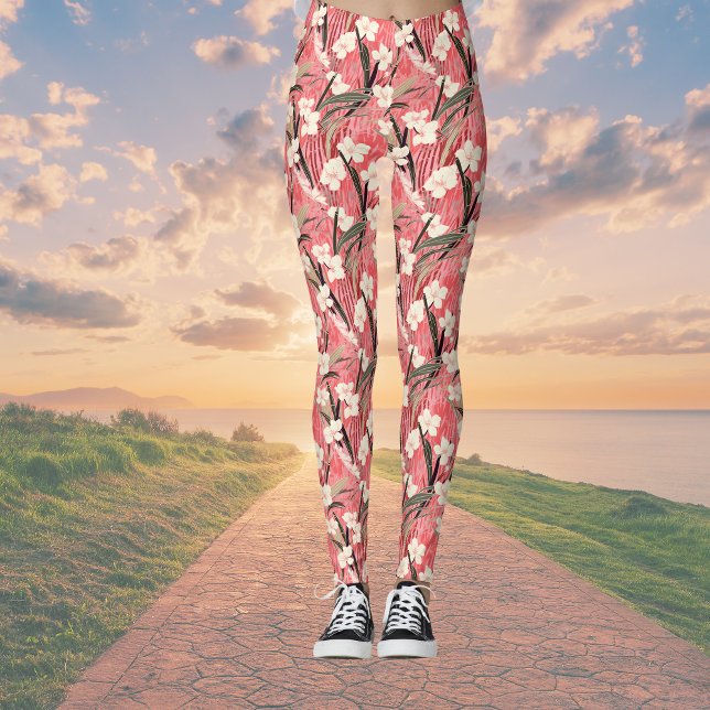 Japanese Floral Blossoms in White on Pink Burgundy Leggings (Creator Uploaded)