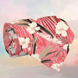 Japanese Floral Blossoms in White on Pink Burgundy Tie