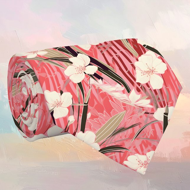 Japanese Floral Blossoms in White on Pink Burgundy Tie (Creator Uploaded)