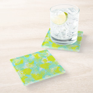 Japanese floral blue patterns glass coaster