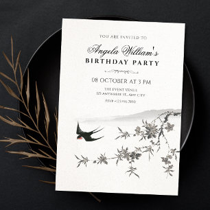 Japanese floral branch bird birthday invitation