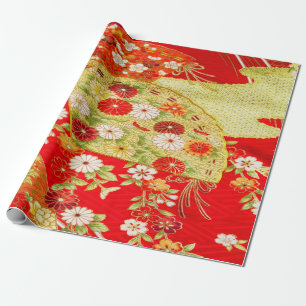 Japanese Floral Cherry Blossom Red Gold Decoupage  Wrapping Paper