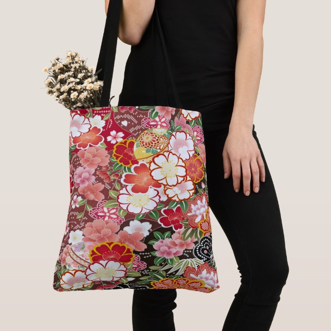 Japanese Floral Cherry Blossom Sakura White Red Tote Bag (Close Up)