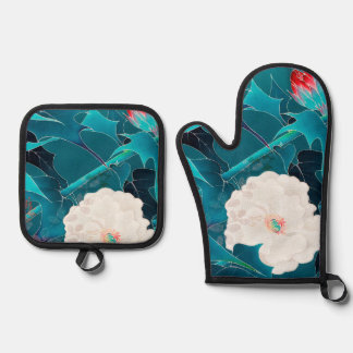 Japanese Floral Design Oven Mitt & Pot Holder Set