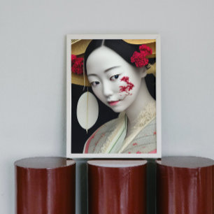 Japanese Floral Geisha Red Gold Fantasy Art Poster