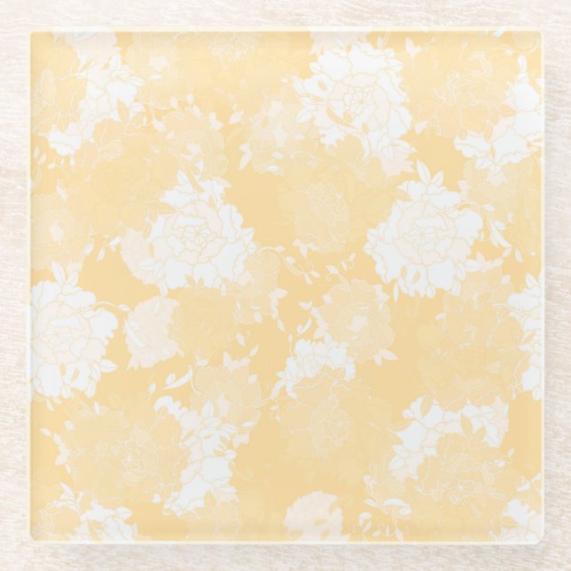 Japanese floral orange patterns glass coaster (Front)