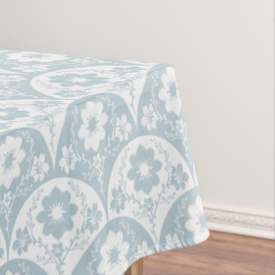 Japanese Floral Pattern in Soft Blue and White Tablecloth