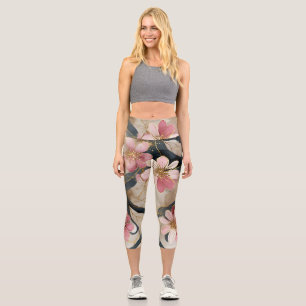 Japanese Floral Pink Gold Capri Leggings
