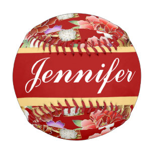 Japanese floral print on red baseball