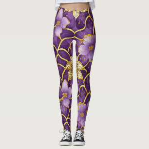 Japanese Floral Purple Gold Leggings