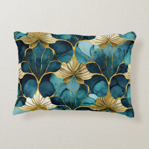 Japanese Floral Teal Gold  Decorative Cushion