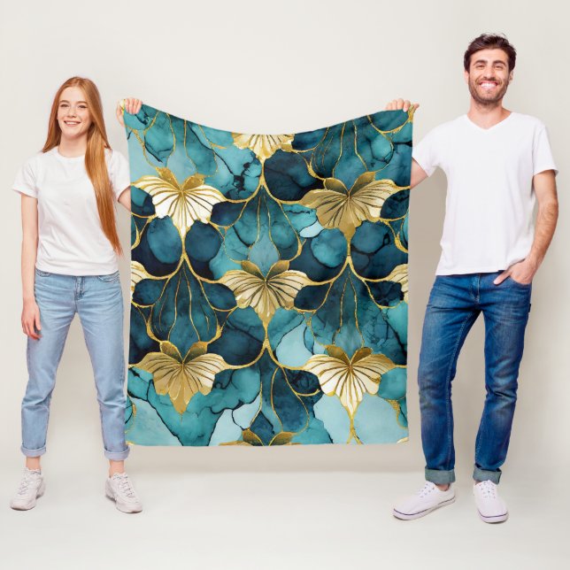 Japanese Floral Teal Gold  Fleece Blanket (In Situ)