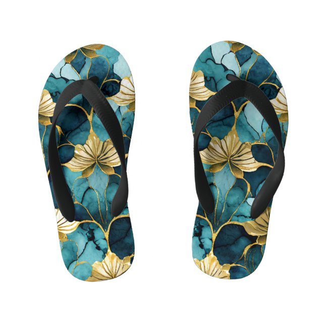 Japanese Floral Teal Gold  Kid's Thongs (Footbed)