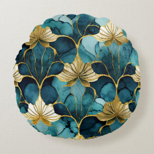 Japanese Floral Teal Gold  Round Cushion