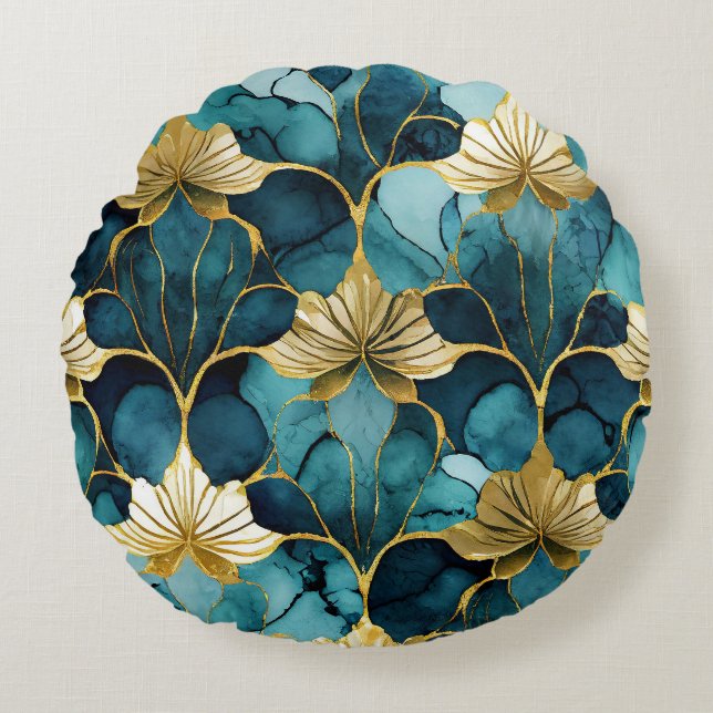 Japanese Floral Teal Gold  Round Cushion (Front)