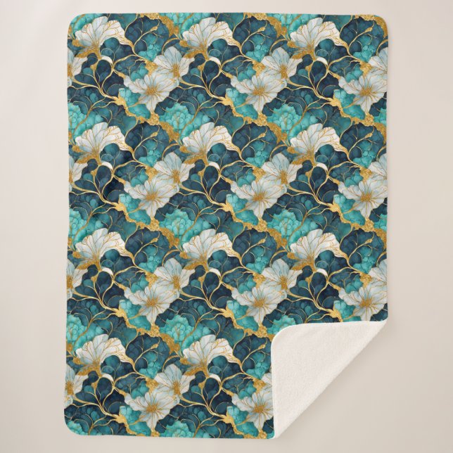 Japanese Floral Teal Gold Sherpa Blanket (Front)