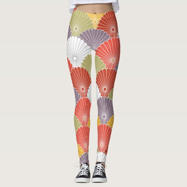 Japanese Floral Wave: Colourful Vintage Leggings (Front)