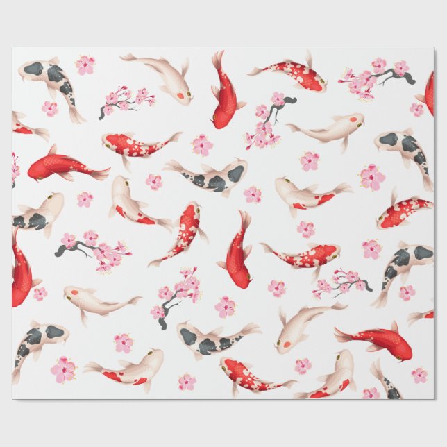 Japanese FLOWER AND KOI FISH white and red Wrapping Paper (Flat)